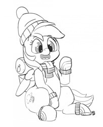 Size: 1280x1575 | Tagged: safe, artist:pabbley, rainbow dash, pegasus, pony, dungeons and discords, 30 minute art challenge, clothes, cute, dashabetes, female, grayscale, hat, mare, mittens, monochrome, open mouth, scarf, simple background, sitting, solo, white background