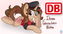 Size: 1709x919 | Tagged: safe, artist:rainbow eevee, derpibooru import, pony, unicorn, clothes, cute, deutsche bahn, dialogue, female, german, germany, gradient background, hat, ponified, simple background, solo, text