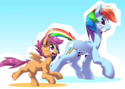 Size: 1280x909 | Tagged: dead source, safe, artist:oze, rainbow dash, scootaloo, pegasus, pony, abstract background, blushing, chase, female, filly, mare, open mouth, raised hoof, running, scootalove, simple background, size difference, smiling, spread wings