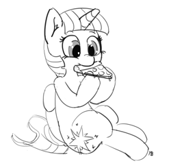 Size: 1280x1256 | Tagged: safe, artist:pabbley, twilight sparkle, twilight sparkle (alicorn), alicorn, pony, 30 minute art challenge, cute, food, monochrome, nom, pizza, solo, twiabetes