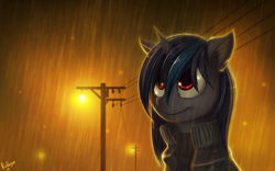 Size: 1735x1080 | Tagged: safe, artist:rublegun, dj pon-3, vinyl scratch, pony, unicorn, clothes, floppy ears, jacket, lamp, looking up, night, power line, rain, red eyes, smiling, solo, wet, wet mane, wrong eye color