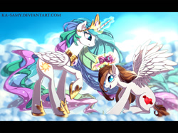 Size: 1050x785 | Tagged: safe, artist:ka-samy, princess celestia, oc, oc:akira, alicorn, pony, bow, ceremonial, cloud, cone/rice wings, happy, kneeling, light, regalia