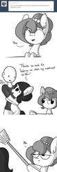 Size: 1440x4320 | Tagged: safe, artist:tjpones, oc, oc only, oc:brownie bun, oc:mysterious unicorn hug skank, oc:richard, earth pony, human, pony, unicorn, horse wife, broom, bust, comic, cute, dialogue, ear fluff, eyes closed, female, hoof hold, hug, human male, jealous, lidded eyes, male, mare, monochrome, simple background, telling lies, unamused, white background