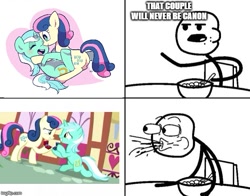 Size: 620x485 | Tagged: safe, artist:osaru_onsen, edit, edited screencap, screencap, bon bon, lyra heartstrings, sweetie drops, earth pony, pony, unicorn, the big mac question, adorabon, blushing, canon ship, cereal guy, cute, engagement ring, eyes closed, female, heart, it finally happened, it happened, lesbian, lyrabetes, lyrabon, mare, marriage proposal, meme, open mouth, pixiv, ring, shipping, smiling, text, wedding ring