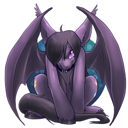 Size: 2000x2000 | Tagged: safe, artist:pixel-prism, oc, oc only, oc:wallflower, bat pony, pony, collar, fangs, female, frown, hair over one eye, impossibly large ears, long mane, long tail, looking at you, neighvada nights, shy, sitting, solo, spread wings, unshorn fetlocks