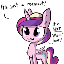 Size: 1280x1280 | Tagged: safe, artist:tjpones, princess cadance, alicorn, pony, alternate hairstyle, blatant lies, cute, cutedance, denial, dialogue, female, implied flurry heart, maternal coiffure, mom hair, open mouth, simple background, solo, tjpones is trying to murder us, white background