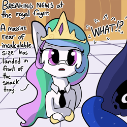 Size: 1280x1280 | Tagged: safe, artist:tjpones, princess celestia, princess luna, alicorn, pony, breaking news, cute, dialogue, female, glasses, looking at you, mare, missing horn, moonbutt, necktie, open mouth, plot, sibling rivalry, the ass was fat