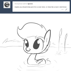 Size: 1280x1280 | Tagged: safe, artist:tjpones, scootaloo, pegasus, pony, :t, behaving like a bird, behaving like a duck, black and white, cute, cutealoo, grayscale, monochrome, pegaduck, smiling, solo, tumblr