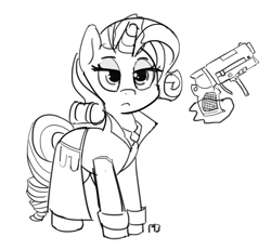 Size: 1280x1183 | Tagged: safe, artist:pabbley, rarity, pony, unicorn, 30 minute art challenge, blade runner, clothes, coat, detective, detective rarity, gun, monochrome, noir, solo, weapon