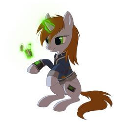 Size: 679x730 | Tagged: safe, artist:hioshiru, oc, oc only, oc:littlepip, pony, unicorn, fallout equestria, clothes, drugs, fallout, fanfic, fanfic art, female, glowing horn, hooves, horn, levitation, magic, mare, mint-als, party time mintals, pipbuck, simple background, sitting, smiling, solo, teeth, telekinesis, transparent background, vault suit