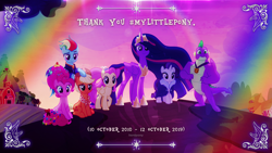 Size: 2560x1440 | Tagged: safe, artist:herdpony, edit, edited screencap, screencap, applejack, fluttershy, pinkie pie, princess twilight 2.0, rainbow dash, rarity, spike, twilight sparkle, twilight sparkle (alicorn), alicorn, dragon, earth pony, pegasus, pony, unicorn, the last problem, deviantart, end of ponies, fin, gigachad spike, lens flare, mane seven, mane six, older, older applejack, older fluttershy, older mane seven, older mane six, older pinkie pie, older rainbow dash, older rarity, older spike, older twilight, photoshop, thank you, thank you for the memories, the end, the end is neigh