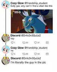 Size: 500x625 | Tagged: safe, edit, edited screencap, screencap, cozy glow, discord, grogar, the beginning of the end, the ending of the end, i'm literally the guy in the pic, meme, meta, twitter