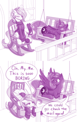 Size: 1280x2020 | Tagged: safe, artist:dstears, derpibooru import, princess celestia, princess luna, alicorn, pony, the last problem, 2 panel comic, alternate hairstyle, bored, clothes, comic, cute, cutelestia, dialogue, excited, eyes closed, female, former princess celestia, former princess luna, irrational exuberance, knitting, lunabetes, mare, monochrome, oh my celestia, prone, retirement, royal sisters, siblings, sisters, sleeping, smiling, speech bubble, spread wings, sweater, swing, that pony sure does love the post office, wings, yarn, yarn ball
