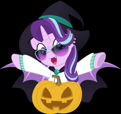 Size: 2048x1930 | Tagged: safe, artist:jhayarr23, derpibooru import, starlight glimmer, alicorn, bat pony, bat pony alicorn, pony, alicornified, black background, cape, clothes, fangs, halloween, hat, holiday, jack-o-lantern, pumpkin, race swap, simple background, solo, starlicorn, sunglasses, vector, witch hat