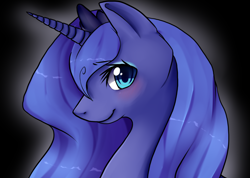 Size: 1200x855 | Tagged: safe, artist:ninetail-fox, derpibooru import, princess luna, alicorn, pony, black background, blushing, bust, cute, female, jewelry, looking at you, lunabetes, mare, portrait, profile, s1 luna, simple background, smiling, solo, tiara