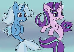 Size: 1291x909 | Tagged: safe, artist:cmara, derpibooru import, starlight glimmer, trixie, seapony (g4), unicorn, female, gradient background, lesbian, seaponified, seapony starlight glimmer, seapony trixie, shipping, species swap, startrix