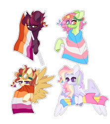 Size: 1456x1640 | Tagged: safe, artist:corporalvortex, artist:nocturnal-moonlight, derpibooru import, oc, oc:evening star, oc:golden winds, oc:rainbow confetti, oc:serene grace, earth pony, pegasus, pony, unicorn, base used, blaze (coat marking), colored ears, colored wings, female, flag, flag pole, floral head wreath, flower, freckles, goggles, lesbian, lesbian pride flag, lidded eyes, magical gay spawn, magical lesbian spawn, multicolored hair, offspring, pansexual, pansexual pride flag, parent:fluttershy, parent:pinkie pie, parent:rainbow dash, parent:sunburst, parent:tempest shadow, parent:tree hugger, parent:twilight sparkle, parent:zephyr breeze, parents:flutterhugger, parents:pinkiedash, parents:tempestlight, parents:zephyrburst, pride, pride flag, rainbow hair, simple background, socks (coat marking), star (coat marking), trans girl, transgender, transgender pride flag, transparent background, wings