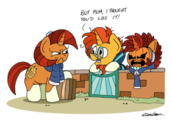 Size: 2378x1653 | Tagged: safe, artist:bobthedalek, derpibooru import, stellar flare, sunburst, pony, unicorn, carrot, clothes, dialogue, duo, female, food, gate, halloween, holiday, insulted, jack-o-lantern, male, mare, mother and child, mother and son, parent and child, pumpkin, scarf, sons gonna son, stallion, stellar flare is not amused, suitcase, sunburst is a goddamn moron, this will end in pain, this will not end in grandfoals, unamused