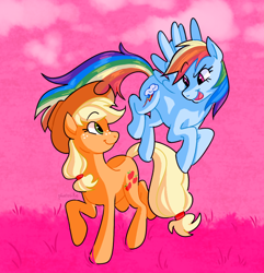 Size: 840x870 | Tagged: safe, artist:pharosite, derpibooru import, applejack, rainbow dash, earth pony, pegasus, pony, appledash, cowboy hat, eye contact, female, flying, hat, lesbian, looking at each other, mare, shipping