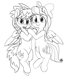 Size: 1280x1477 | Tagged: safe, artist:pabbley, cloudchaser, flitter, belly button, cute, flying, holding hooves, looking at you, monochrome, open mouth, smiling, spread wings
