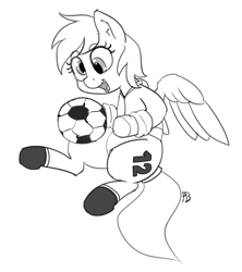 Size: 1280x1444 | Tagged: safe, artist:pabbley, derpy hooves, pegasus, pony, female, flying, football, mare, monochrome, solo