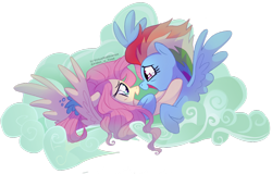 Size: 1280x817 | Tagged: safe, artist:virtualkidavenue, derpibooru import, fluttershy, rainbow dash, pegasus, pony, the last problem, bust, eye contact, female, flutterdash, lesbian, looking at each other, mare, older, older fluttershy, older rainbow dash, profile, shipping, spread wings, teary eyes, wings