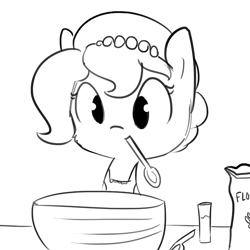 Size: 1100x1100 | Tagged: safe, artist:tjpones, oc, oc only, oc:brownie bun, earth pony, pony, horse wife, apron, black and white, bowl, clothes, cooking, flour, grayscale, monochrome, mouth hold, simple background, solo, spoon, this will end in fire, this will end in tears and/or breakfast, white background