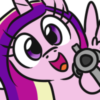 Size: 200x200 | Tagged: safe, artist:jargon scott, princess cadance, alicorn, pony, bye anon, delet this, female, gun, handgun, hi anon, looking at you, lowres, mare, meme, open mouth, revolver, simple background, solo, weapon, white background