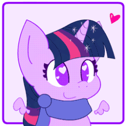 Size: 256x256 | Tagged: safe, artist:hungrysohma, part of a set, twilight sparkle, twilight sparkle (alicorn), alicorn, pony, animated, bouncing, chibi, clothes, cute, female, flapping, floating wings, heart, heart eyes, magic, mare, scarf, smiling, solo, twiabetes, wingding eyes