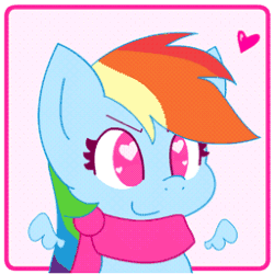 Size: 256x256 | Tagged: safe, artist:hungrysohma, part of a set, rainbow dash, pegasus, pony, animated, bouncing, chibi, clothes, cute, dashabetes, female, flapping, floating wings, heart, heart eyes, scarf, smiling, solo