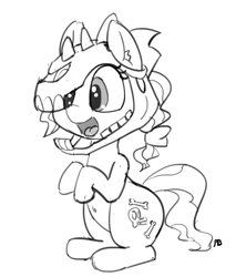 Size: 1280x1501 | Tagged: safe, artist:pabbley, petunia paleo, earth pony, pony, the fault in our cutie marks, belly button, female, filly, grayscale, monochrome, open mouth, simple background, sitting, skull, solo, white background
