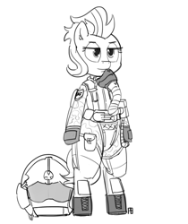 Size: 1280x1521 | Tagged: safe, artist:pabbley, stormy flare, pony, bipedal, clothes, fighter pilot, flight suit, monochrome, solo