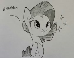 Size: 1275x1004 | Tagged: safe, artist:tjpones, rarity, pony, unicorn, dialogue, grayscale, idea, missing horn, monochrome, solo, sparkles, traditional art