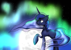 Size: 1024x718 | Tagged: safe, artist:icanseeyourshed, princess luna, alicorn, pony, aurora borealis, moon, solo