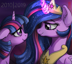 Size: 2798x2519 | Tagged: safe, artist:celsian, princess twilight 2.0, twilight sparkle, twilight sparkle (alicorn), unicorn twilight, alicorn, pony, unicorn, the last problem, crown, ear fluff, end of ponies, female, floppy ears, flowing mane, glowing horn, happy birthday mlp:fim, horn, jewelry, looking at each other, magic, magic aura, mare, mlp fim's ninth anniversary, older, older twilight, regalia, self ponidox, signature, smiling, telekinesis, then and now
