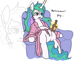 Size: 973x798 | Tagged: safe, artist:jargon scott, princess celestia, alicorn, pony, alcohol, beer, beer belly, bottle, clothes, depressed, depressedia, fat, featureless crotch, female, food baby, former princess celestia, lazy, magic, mare, not pregnant, redlettermedia, robe, sitting, solo, zoom layer