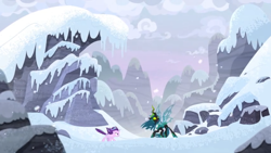 Size: 1366x768 | Tagged: safe, screencap, queen chrysalis, starlight glimmer, changeling, changeling queen, pony, unicorn, the ending of the end, cold, mountain, outdoors, snow, wind