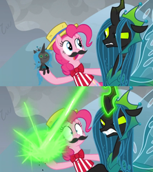 Size: 1360x1532 | Tagged: safe, screencap, pinkie pie, queen chrysalis, changeling, changeling queen, earth pony, pony, the ending of the end, :<, angry, armor, beam, bipedal, blast, bowtie, carny, chrysalis blasts things, clothes, colored sclera, comic, doll, fake moustache, fangs, female, final battle, former queen chrysalis, frown, frustrated, glare, glowing horn, gritted teeth, hat, hoof hold, horn, livid, magic, magic beam, magic blast, mare, meme origin, moustache, plushie, queen chrysalis is not amused, ragdoll, raised eyebrow, raised hoof, screencap comic, shrunken pupils, sin of wrath, smiling, surprised, toy, ultimate chrysalis, unamused, wide eyes, yikes