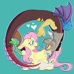 Size: 894x894 | Tagged: safe, artist:asstheticgarbage, derpibooru import, discord, fluttershy, draconequus, pegasus, pony, curled up, cute, discoshy, discute, eye contact, female, floppy ears, folded wings, green background, heart, looking at each other, male, mare, profile, prone, shipping, shyabetes, simple background, smiling, straight, upside down, wings
