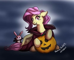 Size: 984x812 | Tagged: safe, artist:bubucoy, derpibooru import, angel bunny, fluttershy, pegasus, pony, undead, vampire, vampony, blushing, cape, clothes, costume, duo, fangs, female, floppy ears, halloween, halloween costume, head turn, holiday, jack-o-lantern, looking at you, mare, night, pumpkin, red eyes, sitting, smiling, spread wings, wings, wings down