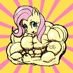 Size: 800x800 | Tagged: safe, artist:tengami, fluttershy, anthro, fetish, muscle fetish, muscles, muscleshy, pixiv, solo, topless