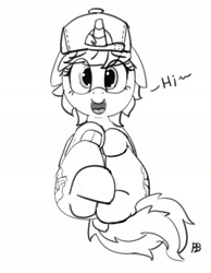 Size: 1280x1647 | Tagged: safe, artist:pabbley, oc, oc only, oc:rust yards, pony, unicorn, black and white, female, grayscale, hi, lineart, looking at you, mare, monochrome, on back, open mouth, sketch, solo, talking to viewer, underhoof