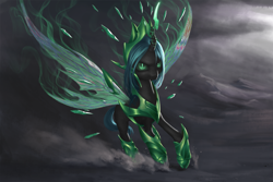 Size: 2560x1707 | Tagged: safe, artist:amarthgul, queen chrysalis, changeling, changeling queen, the ending of the end, armor, female, flying, solo, ultimate chrysalis