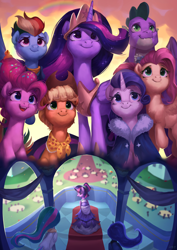 Size: 3508x4961 | Tagged: safe, artist:luciferamon, derpibooru import, applejack, fluttershy, pinkie pie, princess celestia, princess luna, princess twilight 2.0, rainbow dash, rarity, spike, twilight sparkle, twilight sparkle (alicorn), alicorn, dragon, earth pony, pegasus, pony, unicorn, the last problem, cape, clothes, coronation, coronation dress, cowboy hat, dress, end of ponies, female, gigachad spike, hat, male, mane seven, mane six, mare, older, older applejack, older fluttershy, older mane six, older pinkie pie, older rainbow dash, older rarity, older spike, older twilight, royal sisters, scarf, winged spike