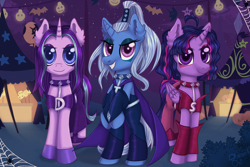 Size: 3000x2000 | Tagged: safe, artist:0okami-0ni, derpibooru import, starlight glimmer, trixie, twilight sparkle, twilight sparkle (alicorn), alicorn, pony, unicorn, alternate hairstyle, clothes, crossover, darcy (winx club), digital art, female, gloves, icy, mare, night, nightmare night, shoes, stormy, the trix, winx club, witch
