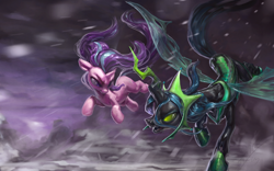 Size: 1200x750 | Tagged: safe, artist:assasinmonkey, queen chrysalis, starlight glimmer, changeling, changeling queen, pony, unicorn, the ending of the end, duo, epic, female, hoof shoes, mare, open mouth, rain, scene interpretation, snow, starlight vs chrysalis, ultimate chrysalis