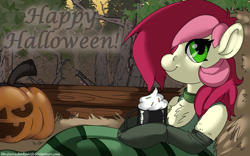 Size: 1920x1200 | Tagged: safe, artist:brainiac, roseluck, earth pony, pony, cute, cuteluck, female, hair over one eye, halloween, happy halloween, hay ride, holiday, mare, practice, pumpkin, solo