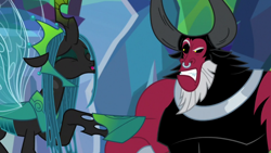 Size: 1280x720 | Tagged: safe, screencap, lord tirek, queen chrysalis, centaur, changeling, changeling queen, the ending of the end, angry, bickering, female, former queen chrysalis, mocking, taunting, ultimate chrysalis, ultimate tirek
