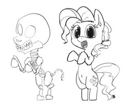 Size: 2310x1862 | Tagged: safe, artist:pabbley, petunia paleo, pony, the fault in our cutie marks, bipedal, creepy, cute, macabre, monochrome, open mouth, skeleton, smiling