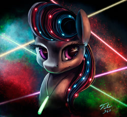 Size: 1500x1378 | Tagged: safe, artist:tsitra360, octavia melody, earth pony, pony, abstract background, bedroom eyes, bust, fluffy, glowstick, party, portrait, rave, rays, reflection, smiling, solo, sparkles, update